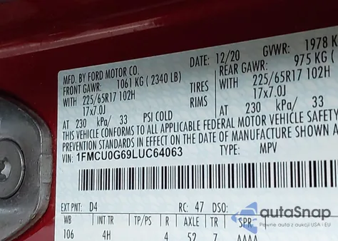 2020 Ford Escape Se z USA, uszkodzony, nr VIN 1FMCU0G69LUC64063